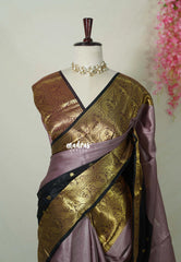 Jet Black with Mauve and Maroon Border - Kanimozhi - Soft Silk Saree Half and Half Saree with Buttas - Best for Wedding Functions