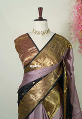 Jet Black with Mauve and Maroon Border - Kanimozhi - Soft Silk Saree Half and Half Saree with Buttas - Best for Wedding Functions