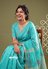 Aqua Cyan - Soft Muslin Silk Saree with Floral Weave & Small Border | Elegant Office Wear Saree