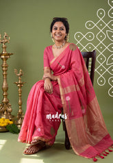 Reddish Pink - Soft Muslin Silk Saree with Floral Weave & Small Border | Elegant Office Wear Saree