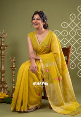 Greenish Yellow - Soft Muslin Silk Saree with Floral Weave & Small Border | Elegant Office Wear Saree