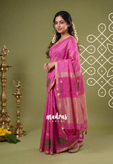 Rose Pink - Soft Muslin Silk Saree with Floral Weave & Small Border | Elegant Office Wear Saree