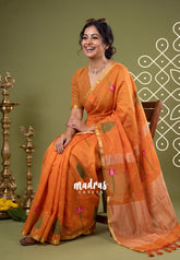 Saffron Orange - Soft Muslin Silk Saree with Floral Weave & Small Border | Elegant Office Wear Saree