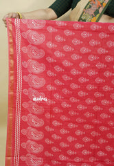 Red - Soft Chanderi cotton with block prints and Tissue Border