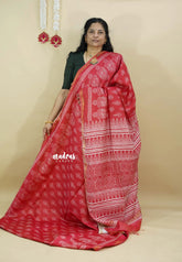 Red - Soft Chanderi cotton with block prints and Tissue Border