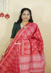 Red - Soft Chanderi cotton with block prints and Tissue Border