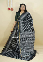 Black - Soft Chanderi cotton with block prints and Tissue Border
