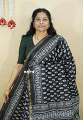 Black - Soft Chanderi cotton with block prints and Tissue Border