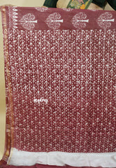 Brown - Soft Chanderi cotton with block prints and Tissue Border