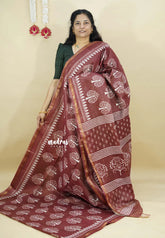 Brown - Soft Chanderi cotton with block prints and Tissue Border