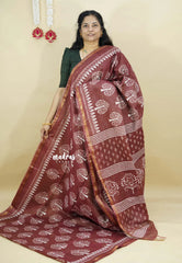 Brown - Soft Chanderi cotton with block prints and Tissue Border
