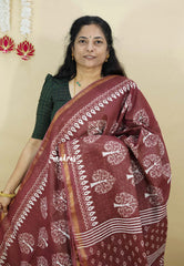 Brown - Soft Chanderi cotton with block prints and Tissue Border