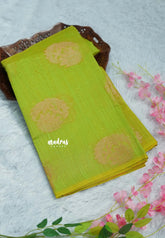 Dual Shade Pretty Parrot Green - Soft jute banarasi with lotus buttas contrast pallu and tissue blouse- Best for Wedding Functions