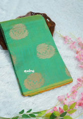 Dual Shade Emerald Mist - Soft jute banarasi with lotus buttas contrast pallu and tissue blouse- Best for Wedding Functions