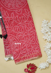 Muted Red - Soft linen cotton bhandani prints with ajrakh pallu and blouse with tiny border