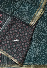 Teal Green - Soft linen cotton bhandani prints with ajrakh pallu and blouse with tiny border