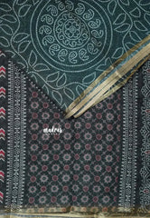 Teal Green - Soft linen cotton bhandani prints with ajrakh pallu and blouse with tiny border