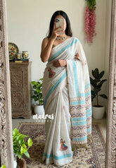 Ivory Halfwhite - Soft linen cotton with Kathak Dancer Prints - Perfect for Office Wear | Corporate wear