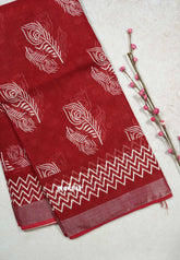 Dark Red - Soft linen cotton with feather prints