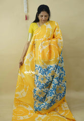 Mango Yellow - Soft linen cotton saree with  Shibori Pritns