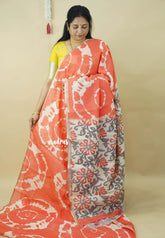 Carrot Peach - Soft linen cotton saree with  Shibori Pritns