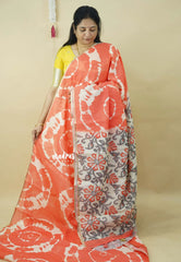 Carrot Peach - Soft linen cotton saree with  Shibori Pritns