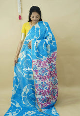 Olympic Blue - Soft linen cotton saree with  Shibori Pritns