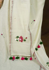 Ivory Cream - Soft Mul Cotton Saree with Devine Lotus Embroidery work without blouse - Perfect for Office Wear