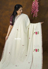 Ivory Cream - Soft Mul Cotton Saree with Devine Lotus Embroidery work without blouse - Perfect for Office Wear