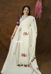 Ivory Cream - Soft Mul Cotton Saree with Devine Lotus Embroidery work without blouse - Perfect for Office Wear
