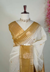 Ivory Beige with Musturd - Soft Muslin Silk Saree with Ikkat Weaving and Checks Border Weaving Buttas - Elegant Office Wear Saree | Casual Wear