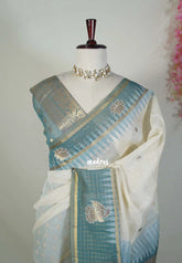 Ivory Beige with Greyish Teal - Soft Muslin Silk Saree with Ikkat Weaving and Checks Border Weaving Buttas - Elegant Office Wear Saree | Casual Wear