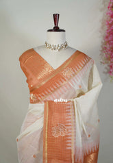 Ivory Beige with Muted Brick Orange - Soft Muslin Silk Saree with Ikkat Weaving and Checks Border Weaving Buttas - Elegant Office Wear Saree | Casual Wear