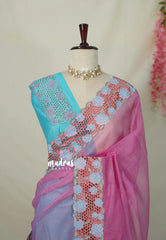 Rose Pink - Soft Organza Silk with Full Handmade Cutwork Border - Best for Party Wear