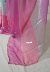 Creamy Pink - Organza Satin Silk Saree with Stone Work and Multicolour Border & Scallop Border