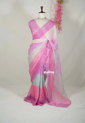 Creamy Pink - Organza Satin Silk Saree with Stone Work and Multicolour Border & Scallop Border