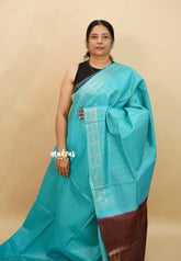 Aqua Blue with Brown - Soft Tissue khadi with zari weaving with Border