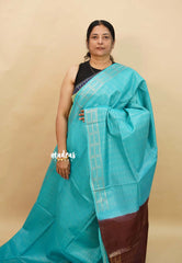 Aqua Blue with Brown - Soft Tissue khadi with zari weaving with Border