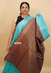 Aqua Blue with Brown - Soft Tissue khadi with zari weaving with Border