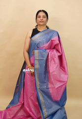 Magenta Pink with Greyish Blue - Soft Tissue khadi zari Border with buttas