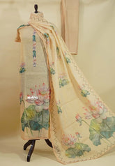 Amitha – Peach Gold Tissue Linen Salwar Suit with Lotus Digital Prints & Hand Embroidery