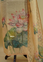 Amitha – Peach Gold Tissue Linen Salwar Suit with Lotus Digital Prints & Hand Embroidery