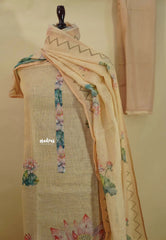 Amitha – Peach Gold Tissue Linen Salwar Suit with Lotus Digital Prints & Hand Embroidery