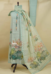 Amitha – Aqua Blue Tissue Linen Salwar Suit with Lotus Digital Prints & Hand Embroidery