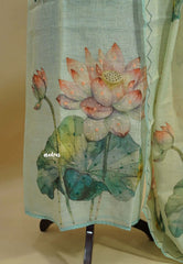Amitha – Aqua Blue Tissue Linen Salwar Suit with Lotus Digital Prints & Hand Embroidery