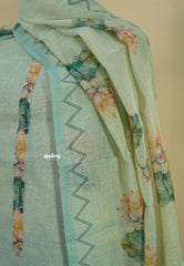 Amitha – Aqua Blue Tissue Linen Salwar Suit with Lotus Digital Prints & Hand Embroidery