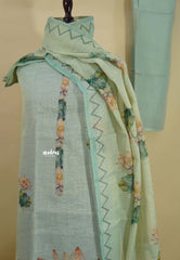 Amitha – Aqua Blue Tissue Linen Salwar Suit with Lotus Digital Prints & Hand Embroidery