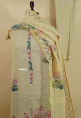 Amitha – Ivory Gold Tissue Linen Salwar Suit with Lotus Digital Prints & Hand Embroidery