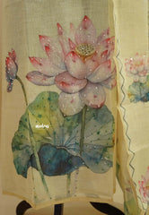 Amitha – Ivory Gold Tissue Linen Salwar Suit with Lotus Digital Prints & Hand Embroidery