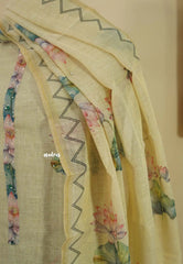 Amitha – Ivory Gold Tissue Linen Salwar Suit with Lotus Digital Prints & Hand Embroidery